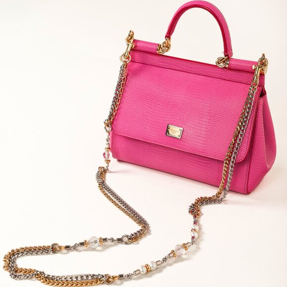 Dolce & Gabbana Miss Sicily Small Pink Iguana-Embossed Chain Satchel - Picture 6 of 14